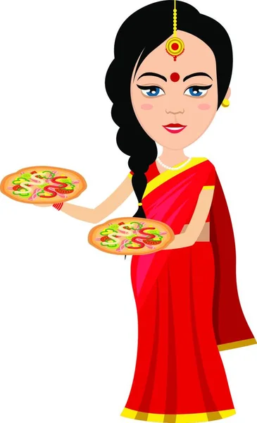 Mujer India Con Pizza Ilustración Vector Sobre Fondo Blanco — Archivo Imágenes Vectoriales