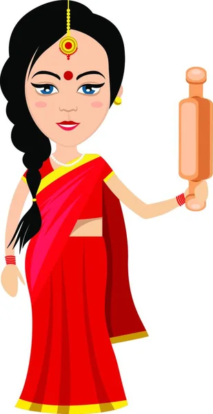 Femme Indienne Avec Rouleau Pâtisserie Illustration Vecteur Sur Fond Blanc — Image vectorielle