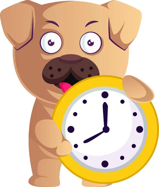 Pug Con Reloj Amarillo Ilustración Vector Sobre Fondo Blanco — Archivo Imágenes Vectoriales