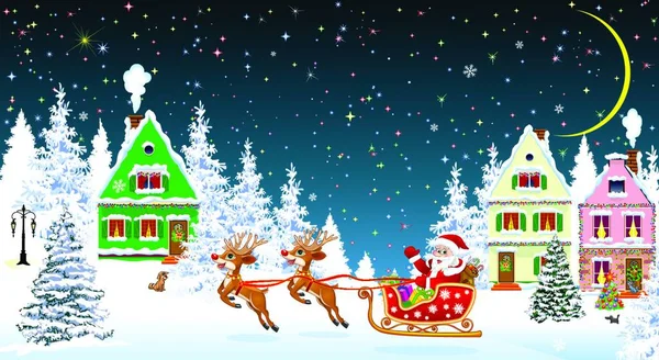 Weihnachtsmann Auf Einem Schlitten Mit Hirschen Vor Häusern Und Wäldern — Stockvektor