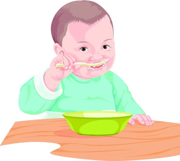 スプーンで食べ物を食べる少年のベクトル イラスト — ストックベクタ