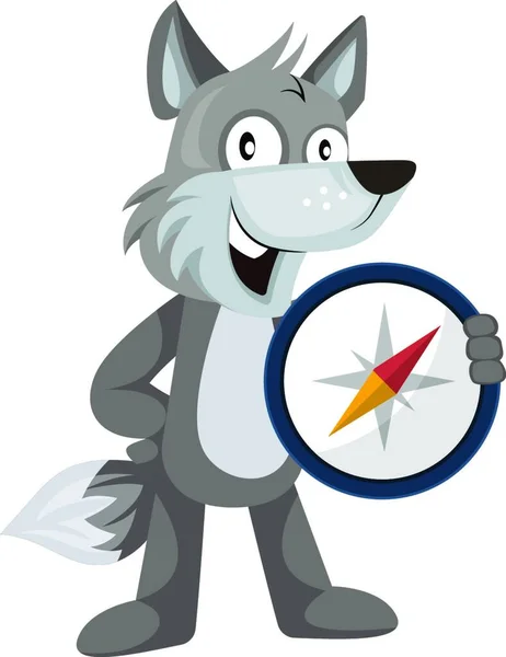 Serigala Dengan Kompas Ilustrasi Vektor Dengan Latar Belakang Putih - Stok Vektor