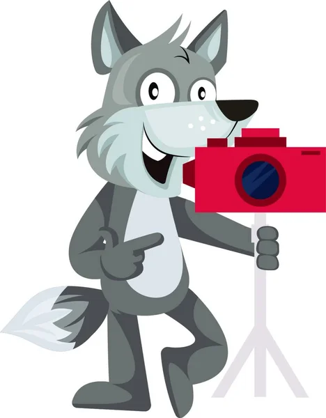 Loup Avec Caméra Illustration Vecteur Sur Fond Blanc — Image vectorielle
