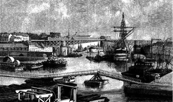 Vue Générale Port Brest Dessin Tél Blanchard Illustration Gravée Vintage — Image vectorielle