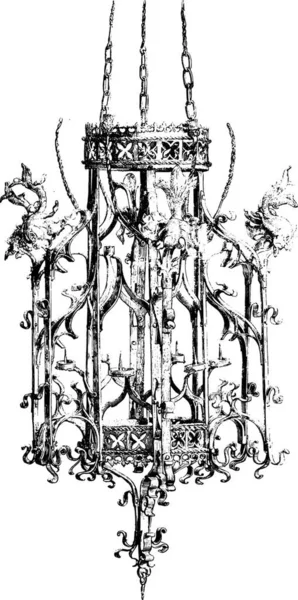 Museo Nazionale Monaco Lampadario Ferro Del Secolo Illustrazione Incisa Epoca — Vettoriale Stock