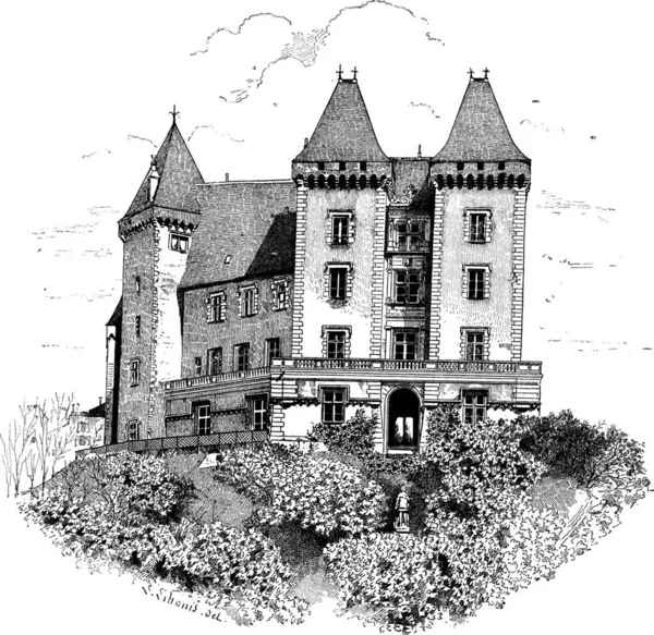 Gamla Graverade Illustration Chateau Pau Eller Pau Slott Ordlista Med — Stock vektor