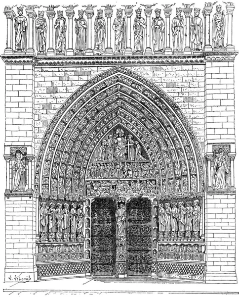 Puerta Medio Parte Delantera Notre Dame París Catedral Notre Dame — Archivo Imágenes Vectoriales