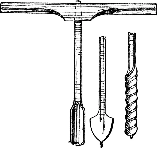 Antigua Ilustración Grabada Las Brocas Auger Drill Aislada Sobre Fondo — Archivo Imágenes Vectoriales