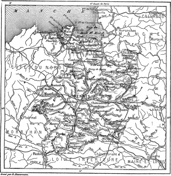 Alte Gestochene Illustration Der Landkarte Von Ille Vilaine Wörterbuch Der — Stockvektor