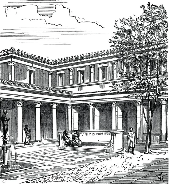 Courtyard Roman House Vintage Engraved Illustration Industrial Encyclopedia Lami 1875 — Stock Vector
