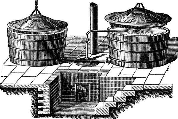 Ilustração Gravada Velha Máquina Lavar Velha Com Pressão Vapor Enciclopédia —  Vetores de Stock