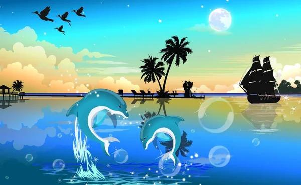 Månljus Natt Stranden Med Blå Och Vita Delfiner Par Bubblor — Stock vektor