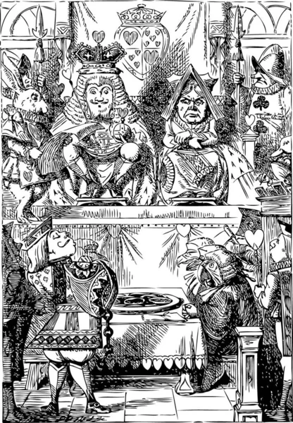 Alice Pays Des Merveilles Frontispice Roi Reine Inspectant Les Tartes — Image vectorielle