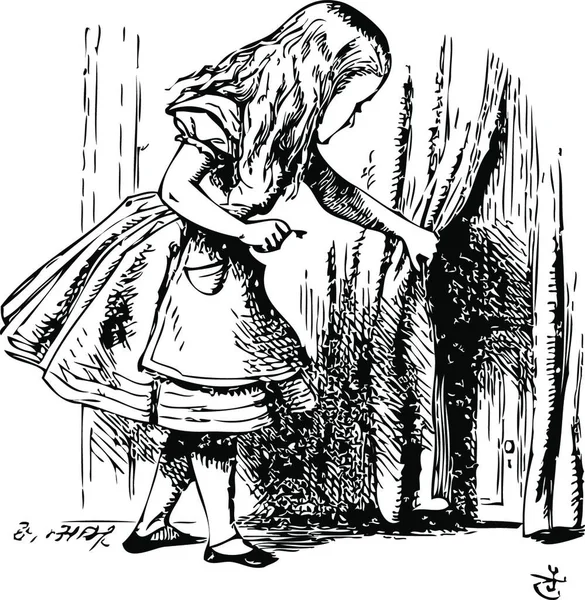 不思議の国のアリス アリスは隠された扉を明らかにするためにカーテンの後ろを見ています 不思議の国のアリスの冒険 ジョン テニエルのイラスト 1865年 — ストックベクタ