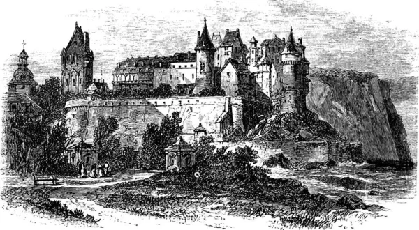 19世纪90年代 法国诺曼底的迪耶普城堡博物馆 Castle Museum Dieppe 进行了古老的雕刻 迪耶普城堡博物馆的古老雕刻画 — 图库矢量图片