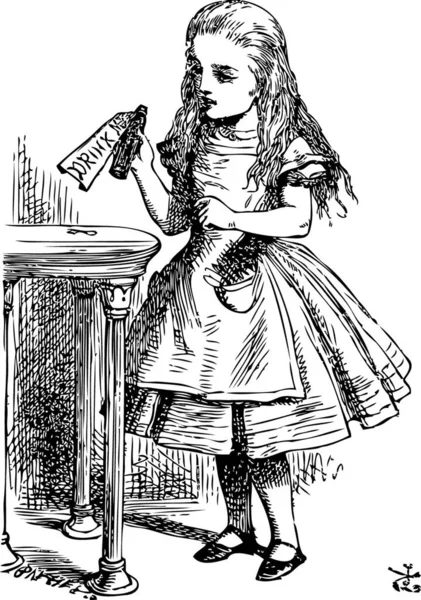 Alice Wonderland Drink Mij Alice Het Ophalen Van Een Kleine — Stockvector