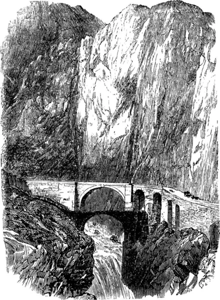 Devil Bridge Uri Zwitserland Tijdens Jaren 1890 Vintage Gravure Oude — Stockvector