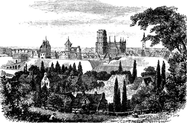 Gdansk Pomerania Poland 1890S Vintage Engraving Old Engraved Illustration Gdansk — Stock Vector