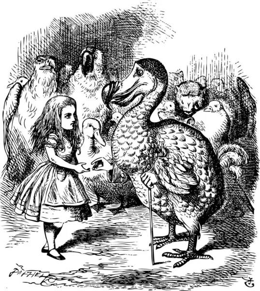爱丽丝在仙境 爱丽丝和渡渡鸟当渡渡鸟庄严地献上顶针的时候 他们又都拥抱着她 爱丽丝在仙境中的冒险 John Tenniel的说明 1865年出版 — 图库矢量图片