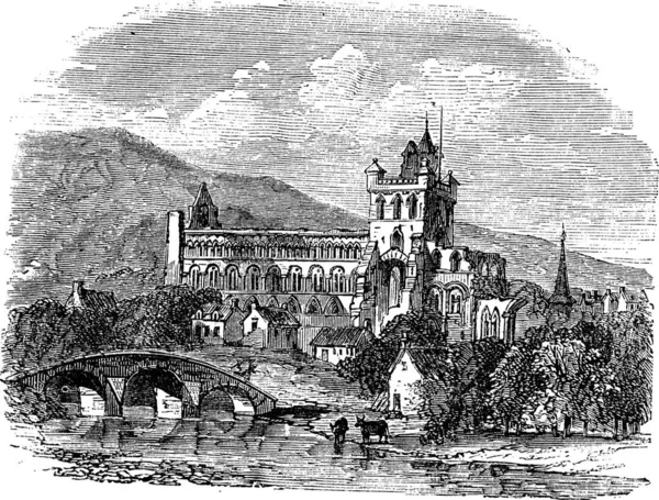 Abadía Jedburgh Escocia Durante Década 1890 Grabado Vintage Antigua Ilustración — Archivo Imágenes Vectoriales
