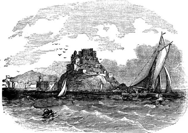 Mont Orgueil Castle Jersey Tijdens Jaren 1890 Vintage Gravure Oude — Stockvector