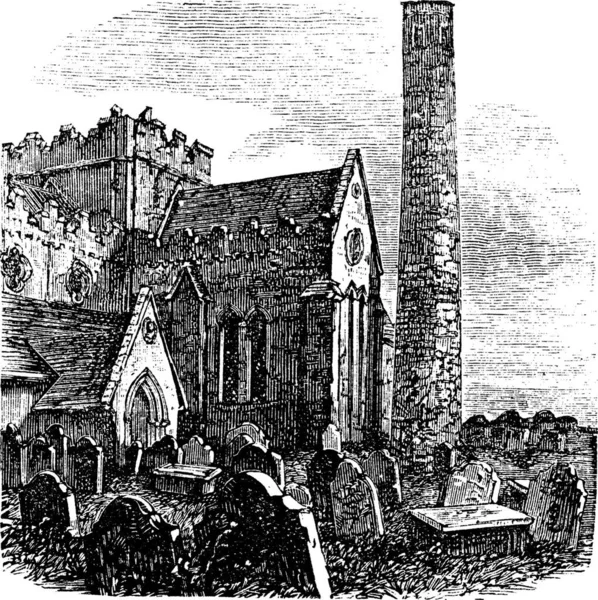 爱尔兰基尔肯尼圣卡尼斯大教堂的老式雕刻 1800年代爱尔兰基尔肯尼圣卡尼斯大教堂外的古老雕刻图解 — 图库矢量图片