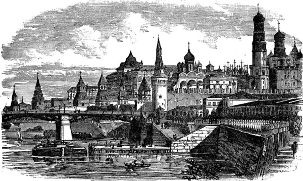 Der Moskauer Kremlin Und Fluss Russland Jahrgangsgravur Alte Gestochene Illustration — Stockvektor