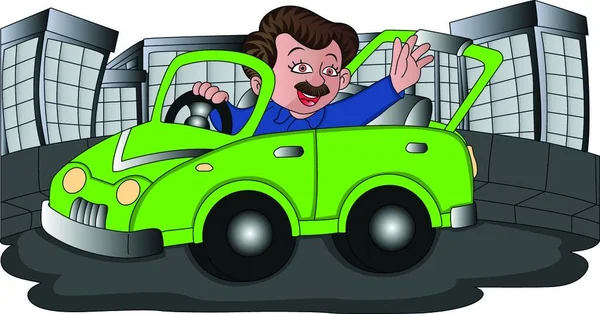 Vector Εικονογράφηση Της Ευτυχισμένος Άνθρωπος Κουνώντας Κατά Την Οδήγηση Αυτοκινήτου — Διανυσματικό Αρχείο