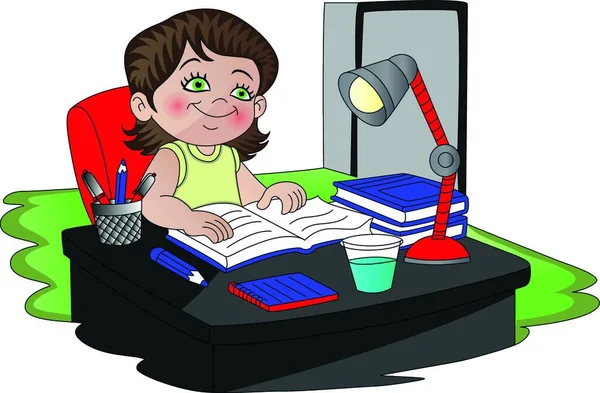 Vector Εικονογράφηση Ενός Κοριτσιού Διαβάζοντας Ένα Βιβλίο Κάτω Από Αμπαζούρ — Διανυσματικό Αρχείο