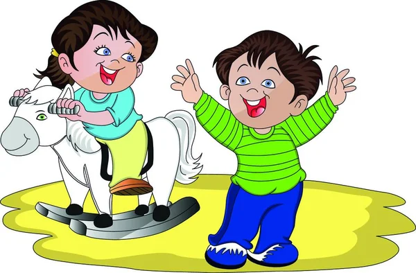 Ilustração Vetorial Irmão Irmã Felizes Brincando Com Cavalo Balanço — Vetor de Stock