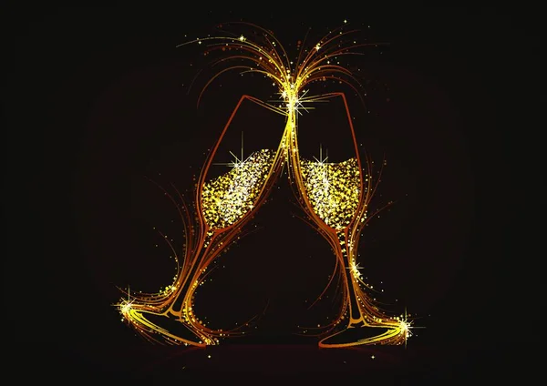 Parıltılı Çecekle Parlayan Şampanya Bardakları Karanlık Arkaplanda Altın Renklerde Soyut — Stok Vektör