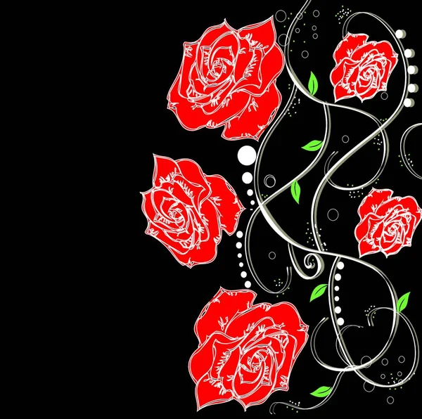 Karta Zaproszenie Vintage Elegancki Retro Kwiatowy Wzór Czerwone Kwiaty Czarny — Wektor stockowy