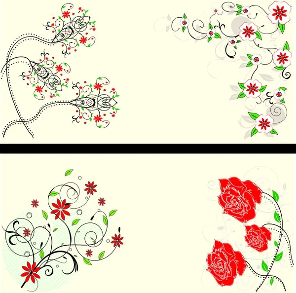 Σύνολο Από Δύο Vintage Προσκλητήρια Κομψό Ρετρό Floral Σχέδιο Κόκκινα — Διανυσματικό Αρχείο