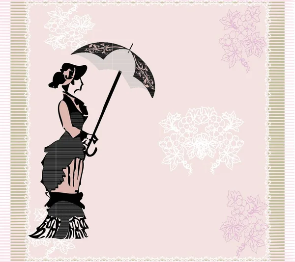 Vintage Invitation Card Ornate Elegant Abstract Floral Design Woman Umbrella — Stock Vector