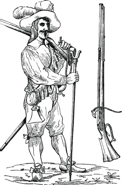 Mušketýr Šestnáctého Sedmnáctého Století Vidličkou Jeho Mušketu Vintage Vyryto Ilustrace — Stockový vektor