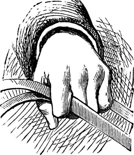 簡単な乗馬で馬の手綱を保持する方法は ヴィンテージ彫刻 人間の手で簡単に乗馬で馬の手綱を保持する方法の図の古い刻まれたイラスト — ストックベクタ