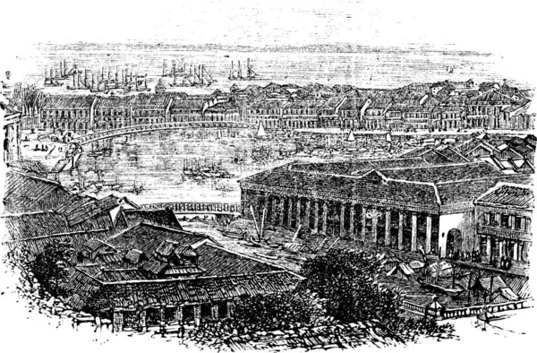 新加坡或新加坡共和国 在1890年代 古老的版画 新加坡的一个古老的雕刻画 河流在中间和后面 — 图库矢量图片