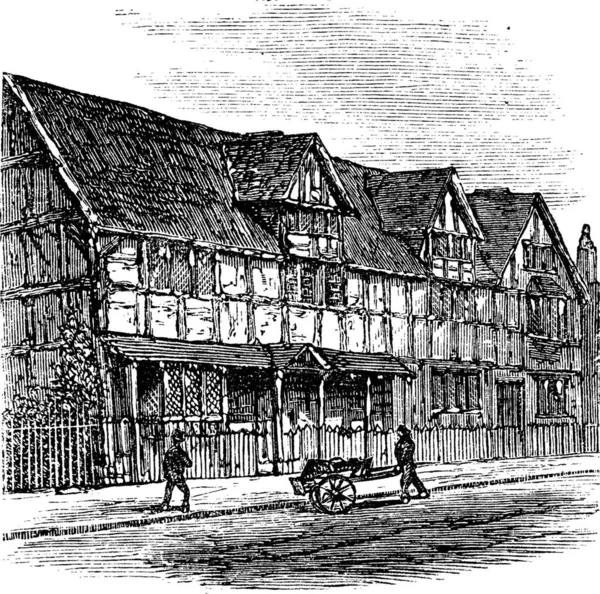 Shakespeare Szülőhelye Stratford Avon Ban Vintage Vésett Illusztráció Kilátás Ház — Stock Vector