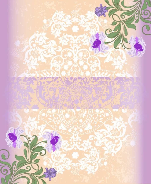 Vintage Uitnodigingskaart Met Sierlijke Elegante Retro Abstract Bloemmotief Paarse Bloemen — Stockvector