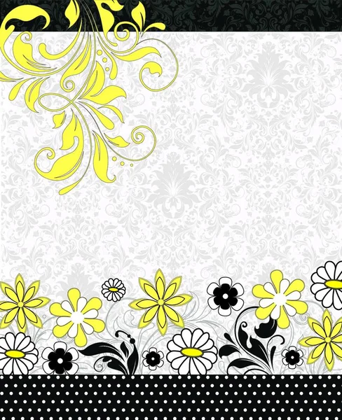 复古邀请卡与华丽典雅复古抽象花卉设计 白色和黄色的花朵和叶子在褪色的绿色和白色背景与黑色边框和文本标签 矢量插图 — 图库矢量图片