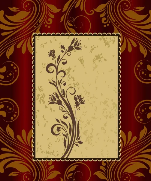 古色古香的邀请卡 华丽典雅的复古抽象花卉图案 浅棕色背景的棕色花朵和叶子 框架文字标签在闪亮的皇家红色和金色背景 矢量说明 — 图库矢量图片