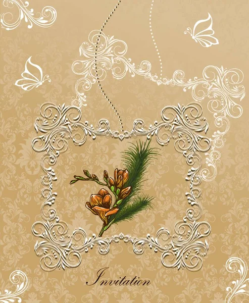 華やかなエレガントなレトロな抽象的な花柄 白と黄色のオレンジ色の花とフレームの境界線とテキスト ラベルとベージュ色の背景に葉を持つヴィンテージの招待状 ベクトル図 — ストックベクタ
