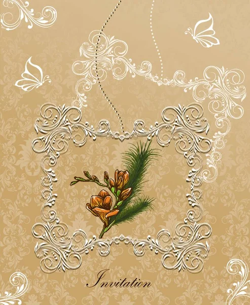 Carte Invitation Vintage Avec Motif Floral Rétro Élégant Décoré Fleurs — Image vectorielle