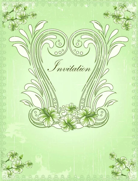 華やかでエレガントなレトロな抽象的な花のデザイン 白と月桂樹の緑の花と葉を持つヴィンテージ招待カードは テキストラベルとスクラッチテクスチャライトグリーンの背景に残します ベクターイラスト — ストックベクタ