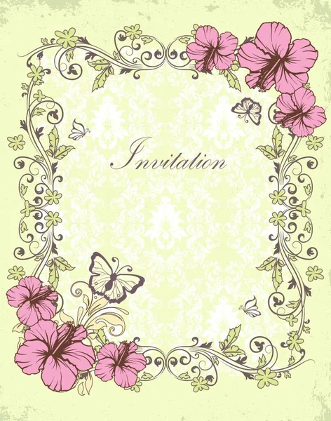 화려한 우아한 레트로 디자인 핑크와 올리브 나뭇잎 스크래치에 빈티지 나비와 — 스톡 벡터