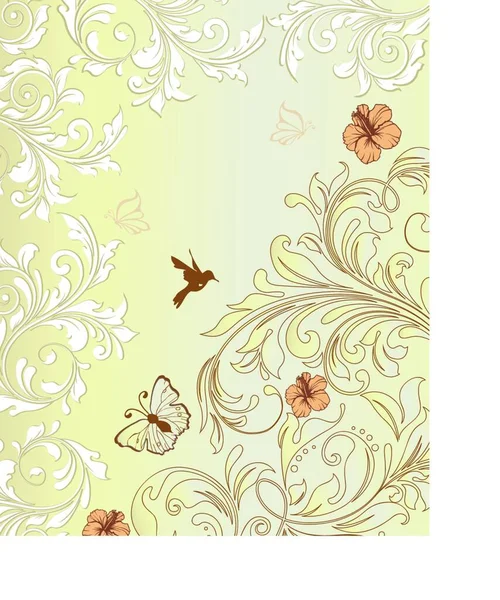 華やかなエレガントなレトロな抽象的な花柄 オレンジ色の白と黄色の緑花蝶やテキスト ラベルの背景が薄黄色緑の葉とビンテージの招待状 ベクトル図 — ストックベクタ