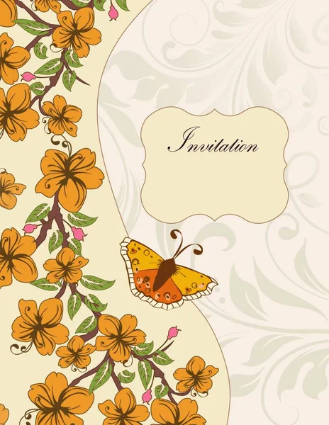 Vintage Uitnodigingskaart Met Sierlijke Elegante Retro Abstract Bloemdessin Oranje Bloemen — Stockvector