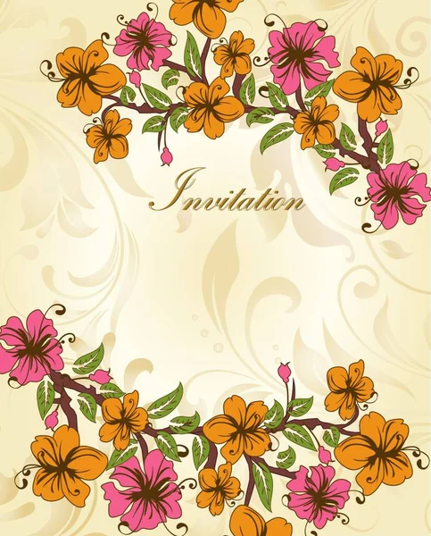 Vintage Einladungskarte Mit Elegantem Retro Abstrakten Blumenmuster Rosa Und Orangefarbenen — Stockvektor