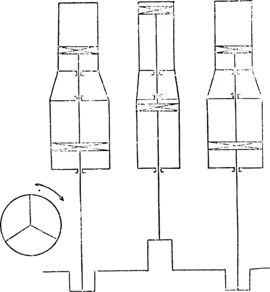 Opstelling Van Cilinders Krukken Van Champagne Machines Vintage Gegraveerd Illustratie — Stockvector