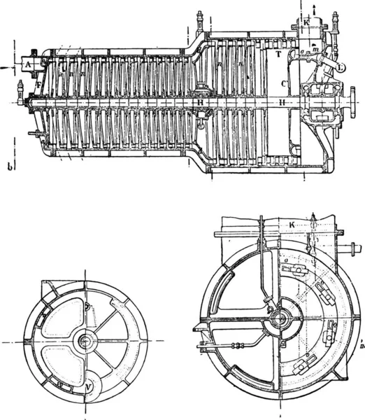 Turbine Rake Vintage Gravada Ilustração Enciclopédia Industrial Lami 1875 — Vetor de Stock